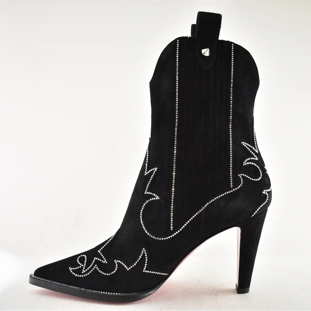 Christian Louboutin Santigag Strass 85 Black Suede Western Ankle Heel Boot 40 - Picture 13 of 16